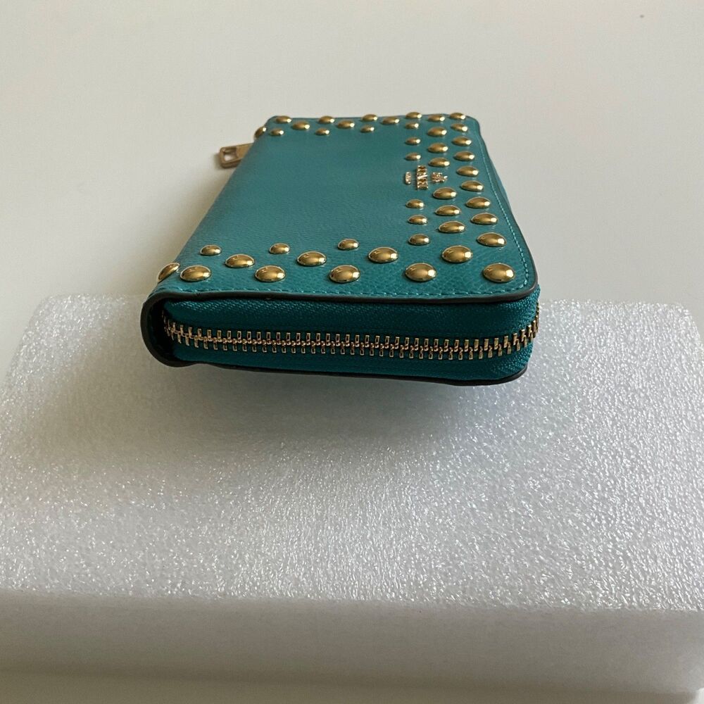 Coach Studded Accordion Zip Wallet Cadet Blue Crossgrain Leather Gold Hardware - Picture 3 of 8